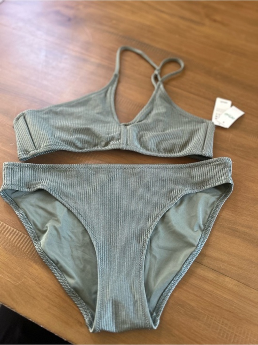 NWT Aerie Shine Ribbed Two-Piece Bikini Set in Olive Green